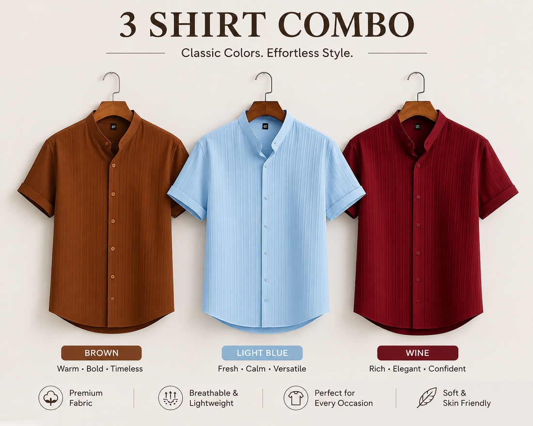 Three short-sleeve button-up shirts displayed side by side on hangers against a light beige background, with the headline '3 SHIRT COMBO' at the top and color labels below each shirt: brown, light blue, and wine.
