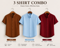 Three short-sleeve button-up shirts displayed side by side on hangers against a light beige background, with the headline '3 SHIRT COMBO' at the top and color labels below each shirt: brown, light blue, and wine.