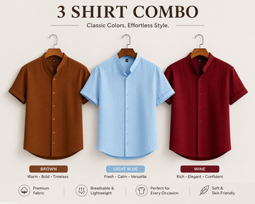 Three short-sleeve button-up shirts displayed side by side on hangers against a light beige background, with the headline '3 SHIRT COMBO' at the top and color labels below each shirt: brown, light blue, and wine.