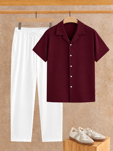 Premium Maroon Shirt & White Track Pant Premium Cotton Co-Ord Set For Men