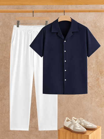 Premium Navy blue Shirt  & White Track Pant  Premium Cotton Co-Ord Set For Men