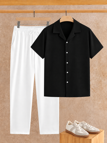 Premium Black Shirt & White Track Pant Premium Cotton Co-Ord Set For Men