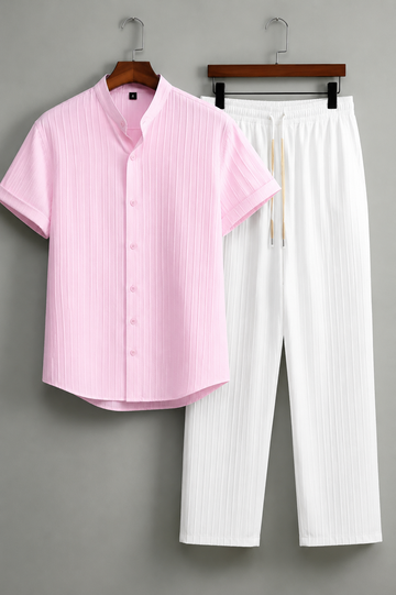 Premium Pink Shirt  & White Track Pant  Premium Cotton Co-Ord Set For Men