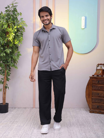 Premium Self Designs Grey Shirt & Black Track Pant Premium Co-Ord Set For Men