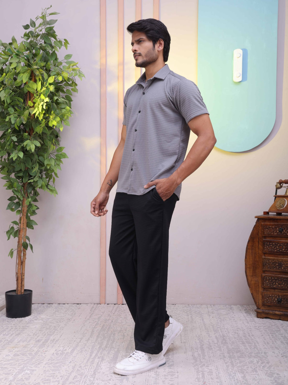 Premium Self Designs Grey Shirt & Black Track Pant Premium Co-Ord Set For Men