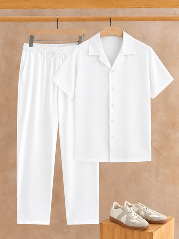 Premium white Shirt  & White Track Pant  Premium Cotton Co-Ord Set For Men